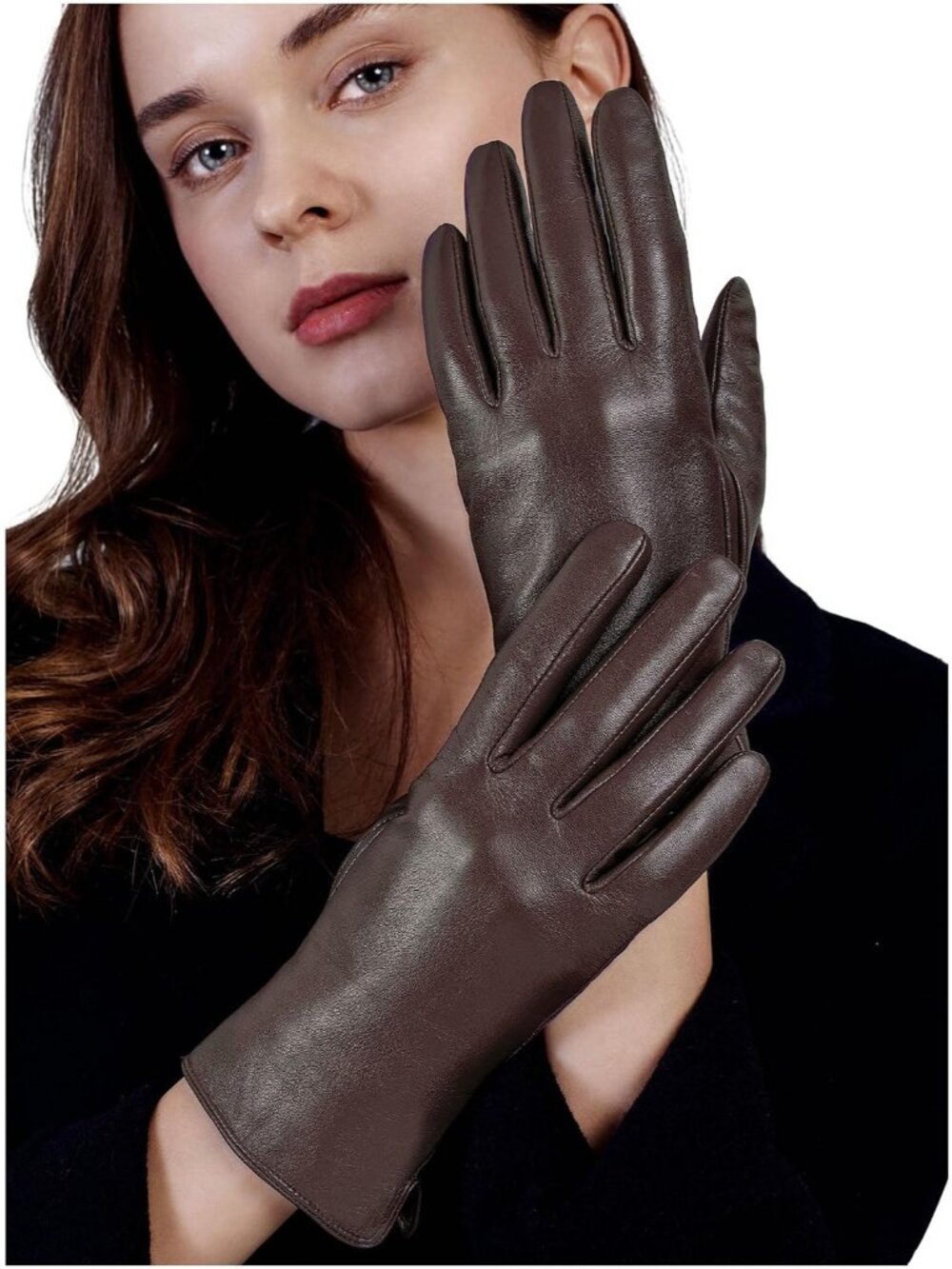 Women's Brown Touchscreen Winter Wool Cashmere Lined Sheepskin Leather Gloves - Picture 2 of 6